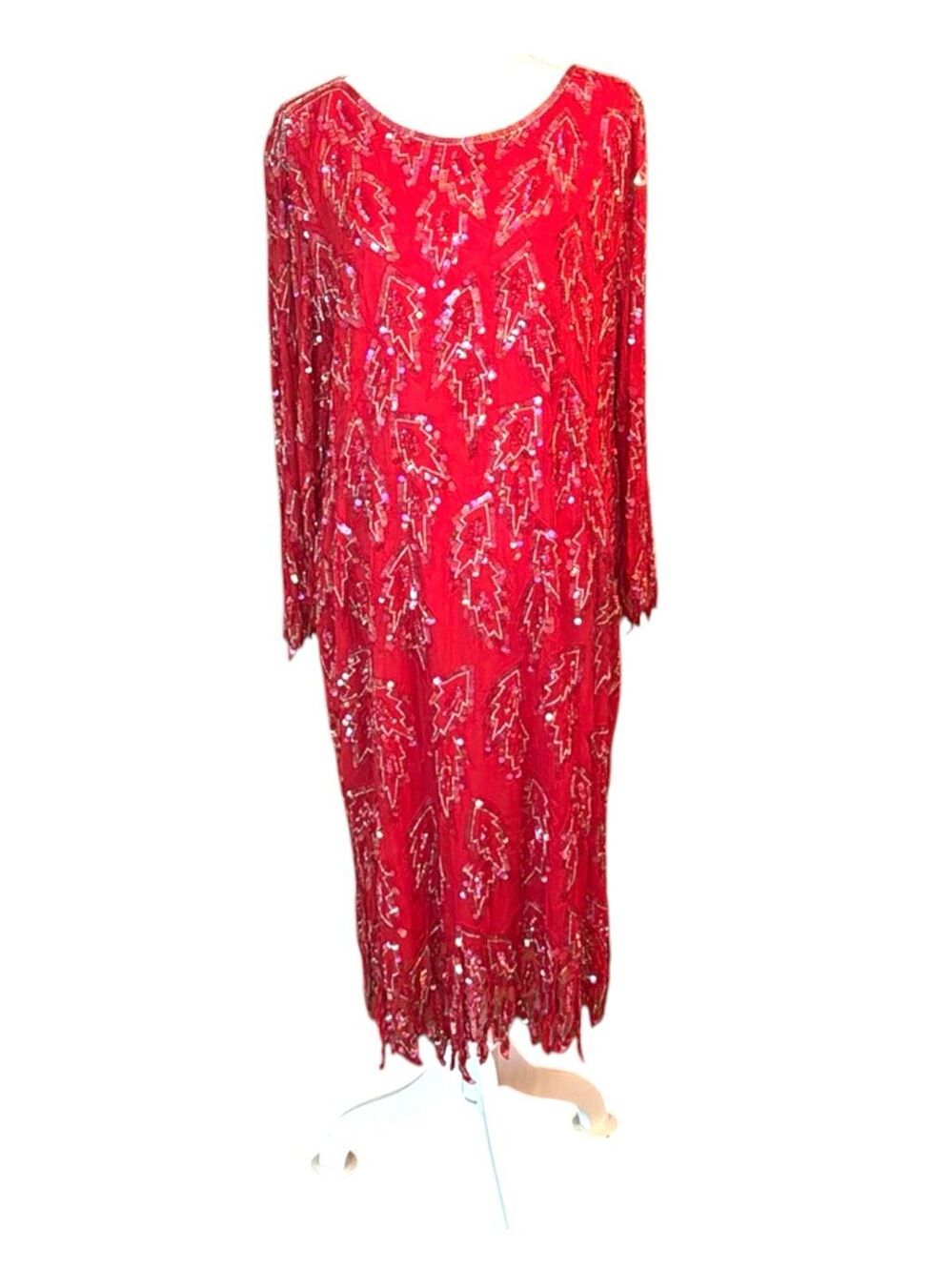 Scala Vintage 100% Silk Beaded Leaf Sequin Dress 2X Red Fringe Hem Cocktail